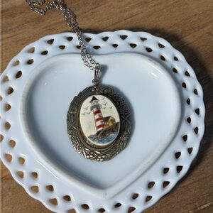 Vintage hand painted polymer clay lighthouse pendant necklace nickel silver